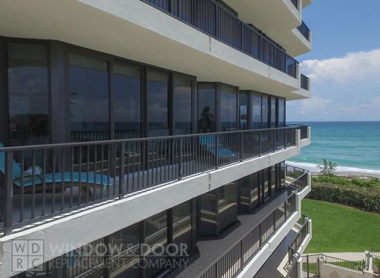 exterior view of new windows and doors in an oceanfront condo