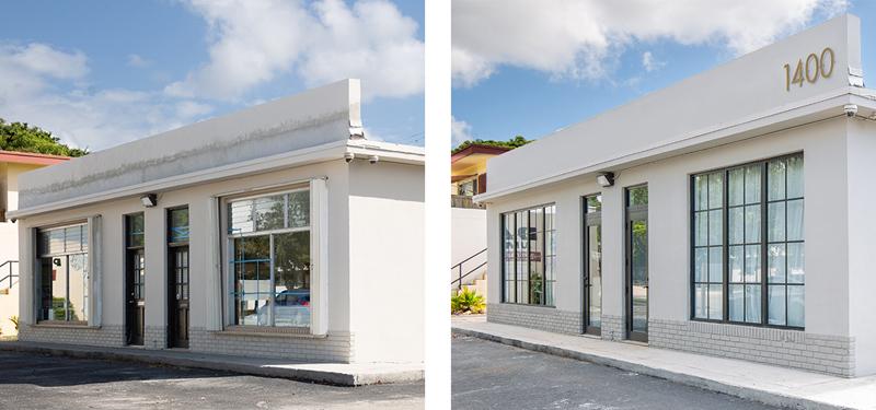 Commercial storefront property before and after impact window replacement